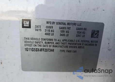 2015 Chevrolet Malibu Ltz из США, поврежденный, VIN 1G11G5SX4FF297344